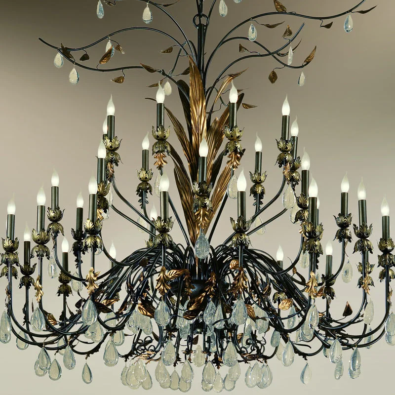 Incandescent Chandeliers for a Warm and Traditional Glow36 light Italian iron chandelier with glass droplets