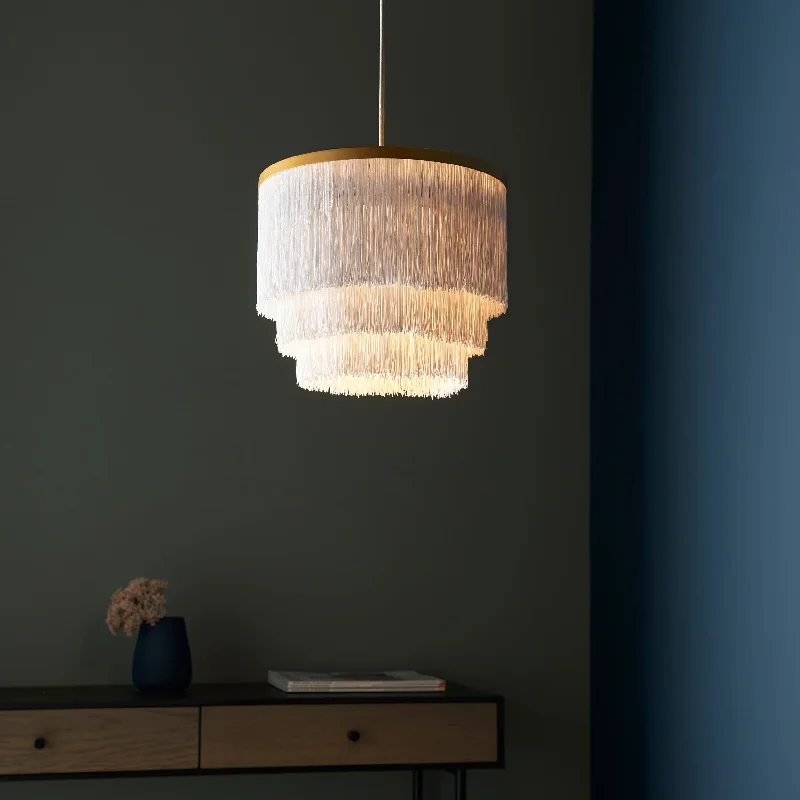 Chandeliers for Living Rooms to Create a Focal PointAmos Ruffle Chandelier Small Matt Gold with White Tassels