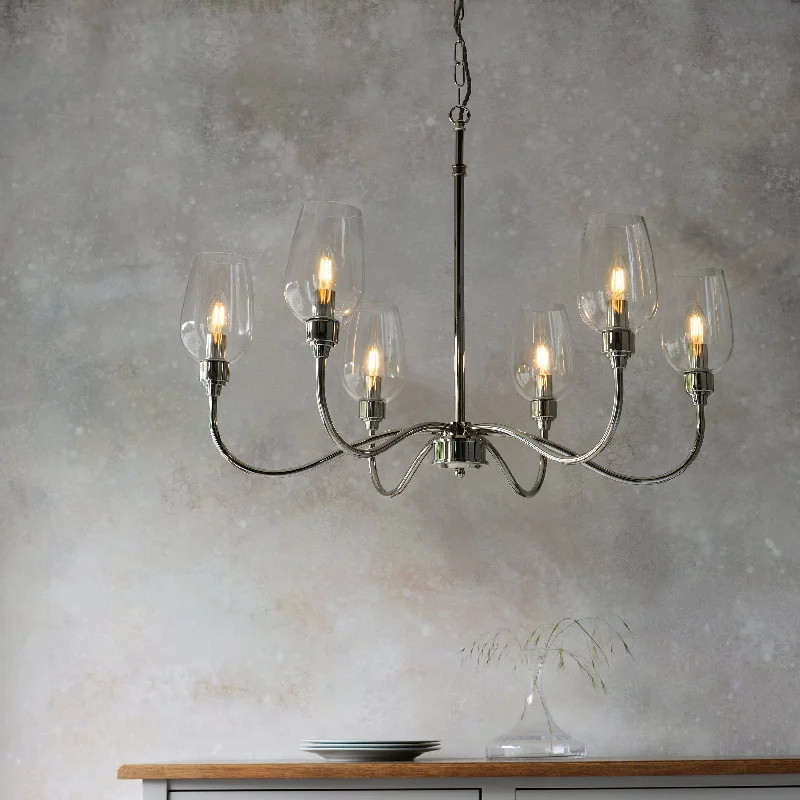 Chandeliers for Living Rooms to Create a Focal PointAmos Turret 6 Arm Chandelier Polished Nickel