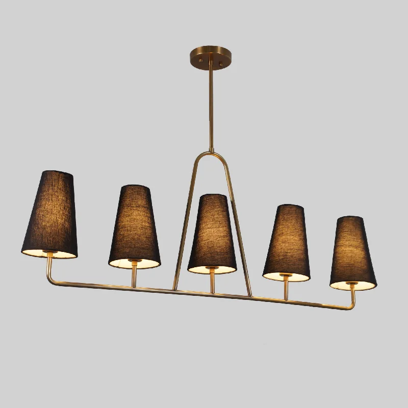 Traditional Brass Chandeliers for Classic InteriorsFive Linen Shade Linear Light Brass Chandelier Fixture