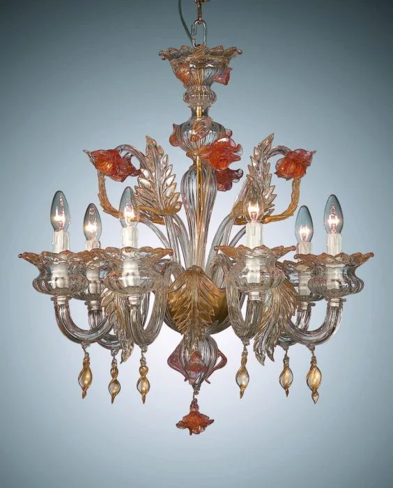 Chandeliers with Metal Frames in Black FinishSmall Murano Chandelier With Orange & Gold Glass Flowers