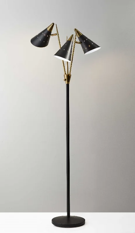 Smart Floor Lamp with Voice Control and Bluetooth ConnectivityBlack Metal Floor Lamp with Three Adjustable Antique Brass Accented Cone Shades By Homeroots