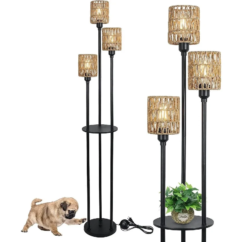 Glass Floor Lamp with Frosted Shades for Soft Diffused LightModern 3-Lights Rattan Floor Lamp with Shelves, Convenient Pedal Switch, Brown Glass Floor Lamp with Frosted Shades for Soft Diffused LightModern 3-Lights Rattan Floor Lamp with Shelves, Convenient Pedal Switch, Brown