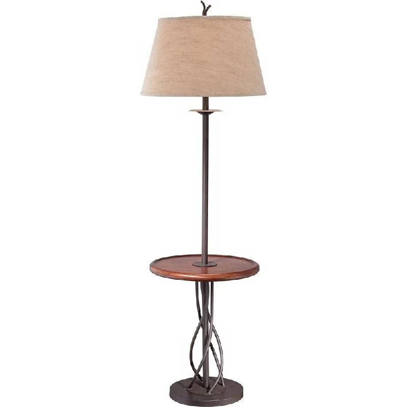 Industrial Style Floor Lamp with Exposed Bulbs for Loft ApartmentsRustic Floor Lamp With Table Wood Twisted Iron Linen Bell Shade - 19" x 63"
