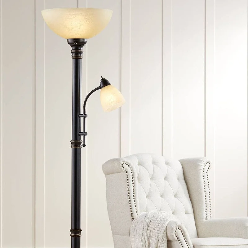 Glass Floor Lamp with Frosted Shades for Soft Diffused LightTraditional Torchiere Floor Lamp 2-Light Oiled Bronze For Living Room - 2