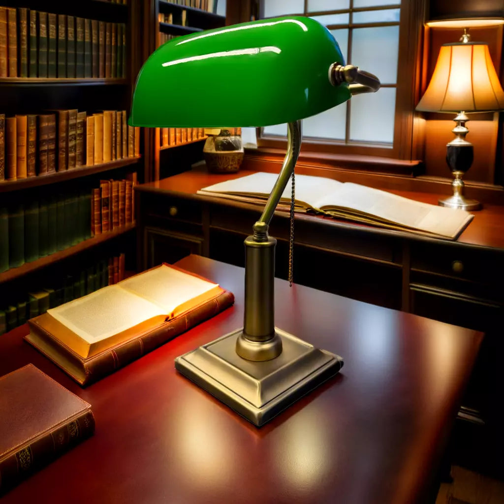 wooden table lamps with natural grain for a warm and organic feelBankers Lamp with Glass Green Shade in Antique Bronze LuxBank-AB wooden table lamps with natural grain for a warm and organic feelBankers Lamp with Glass Green Shade in Antique Bronze LuxBank-AB